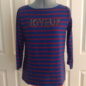 Talbots Blue and Red Striped Top w/ Beaded JOYEUX on Chest Long Sleeve Size S